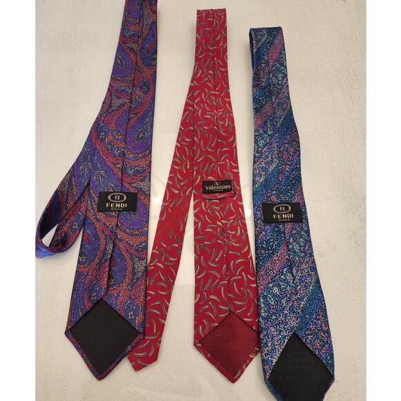 Men's Designer Neck Tie Bundle of 3 Fendi Valentino 100% Silk - Picture 4 of 6